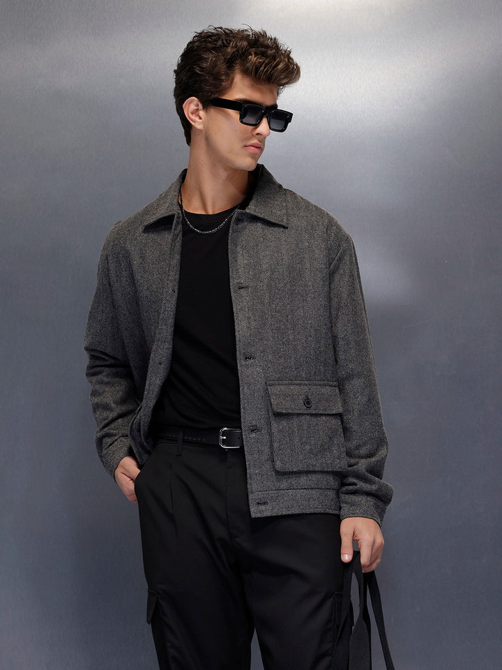 Classic Grey Button-Down tectured jacket | Black
