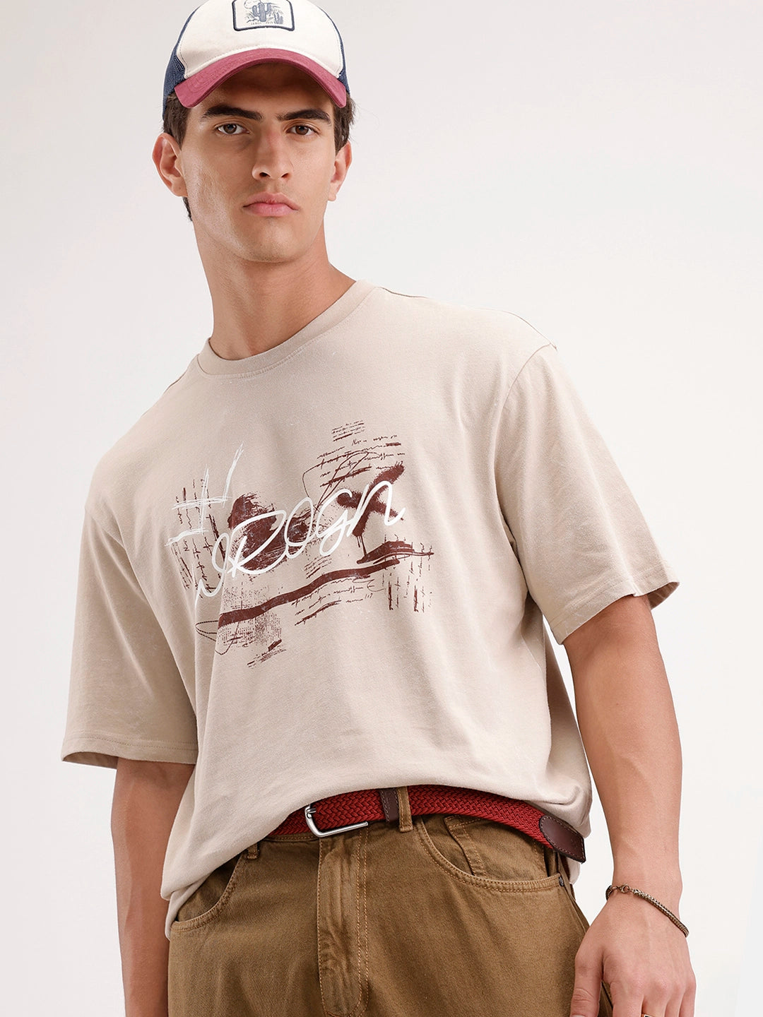 Oversized Placement Printed T-Shirt | Beige