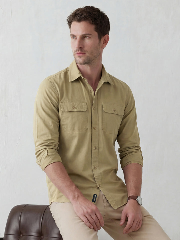Men's casual double pocket slim fit shirt | Khaki