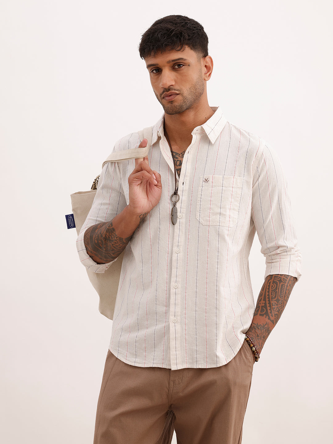 Classic Striped Linen Blend Shirt | Beige | WWSH0696MAZ