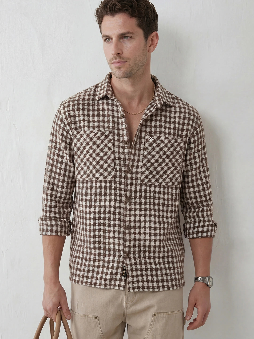 Comfort Fit Double Pocket Checkered Shirt | Brown