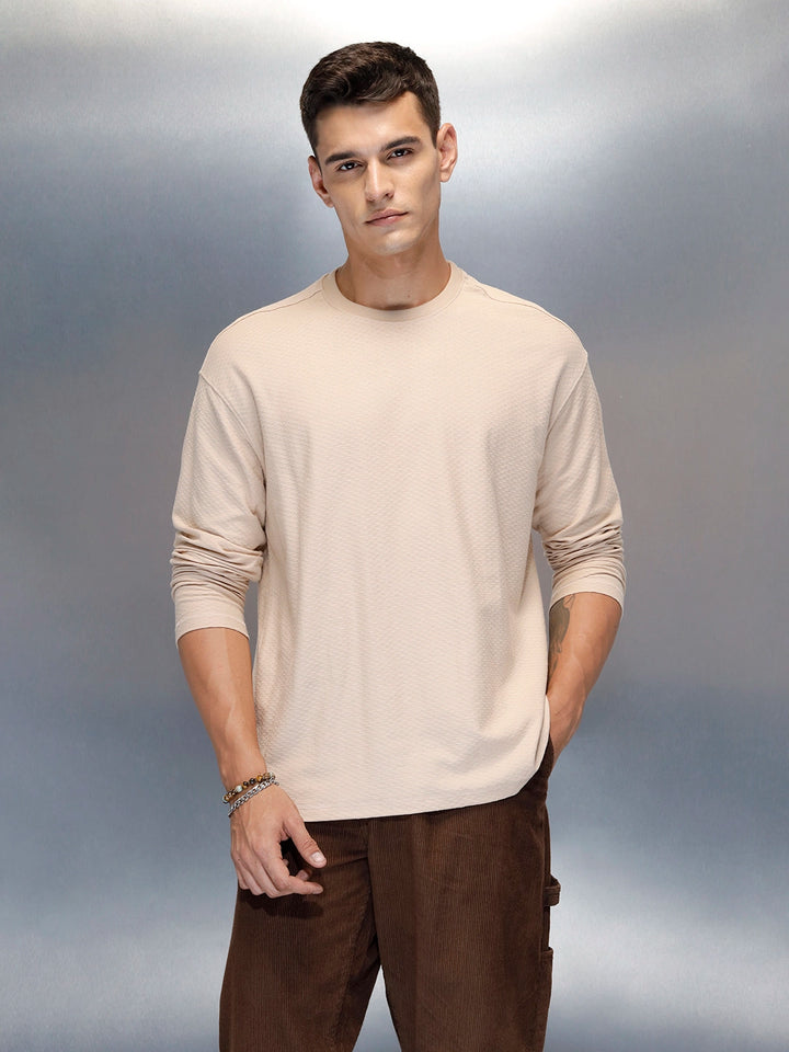 Textured Men's Casual Oversized Fit T-Shirt | Beige