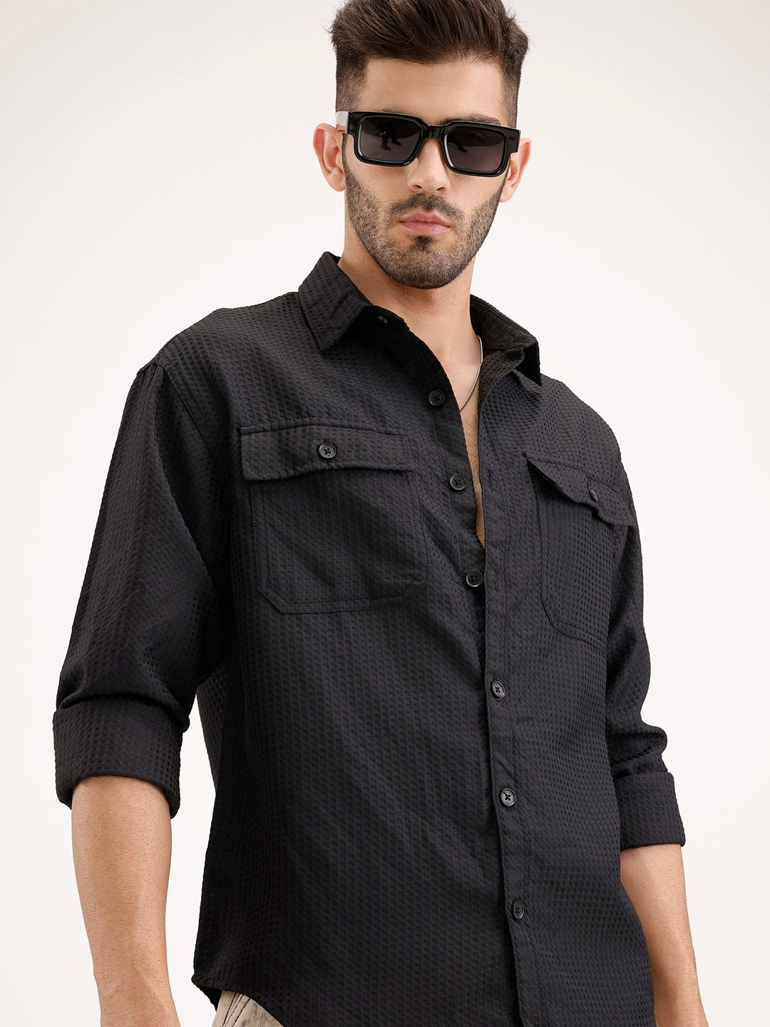 Oversized Fit Double Pocket Textured Shirt | Black