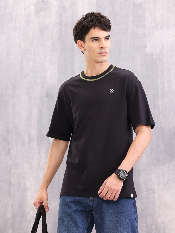 Contrast Flat Lock Detail Oversized Fit T-shirt | Black