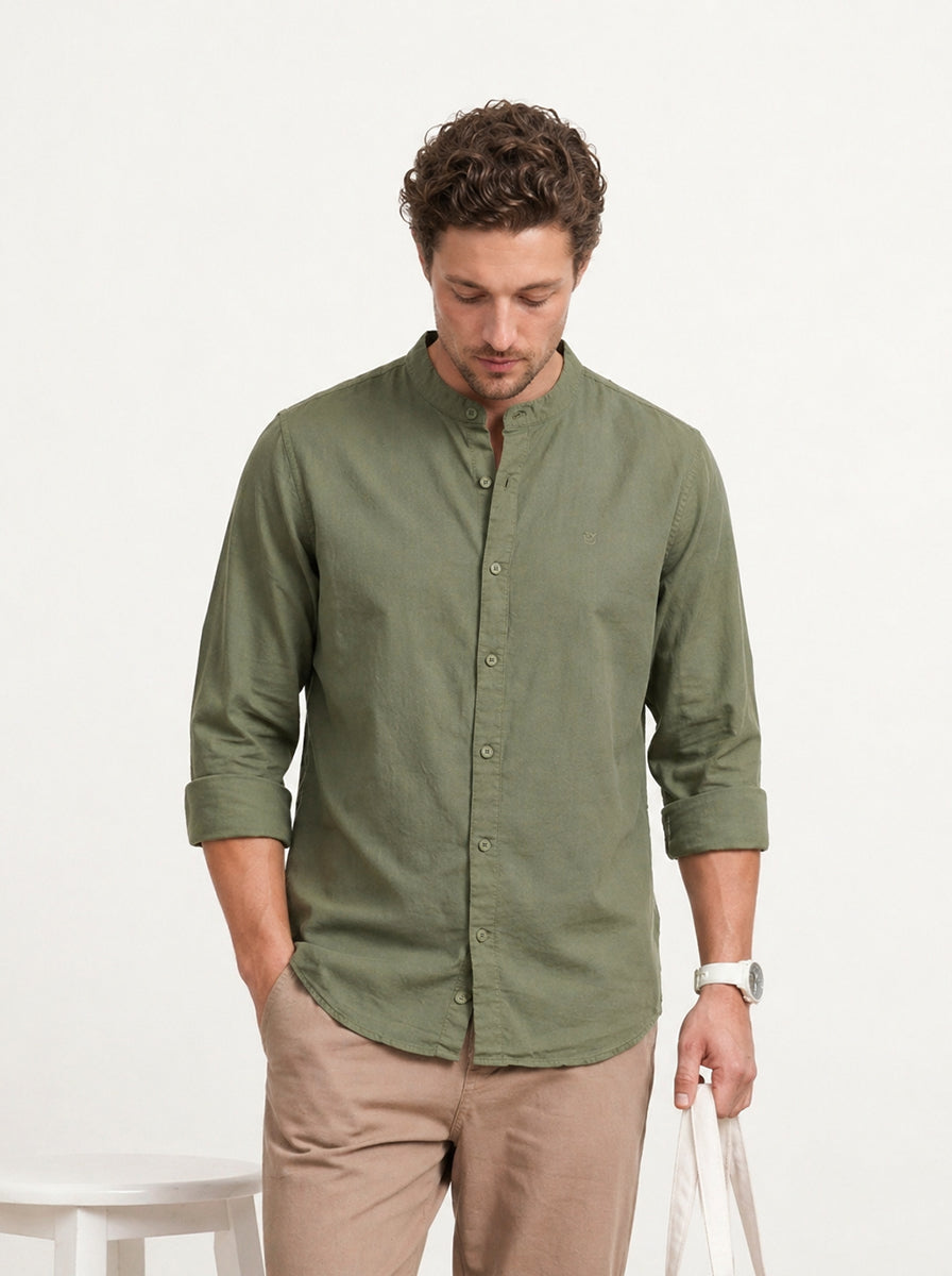 Solid Slim Fit Mandrin Collar Shirt | Olive