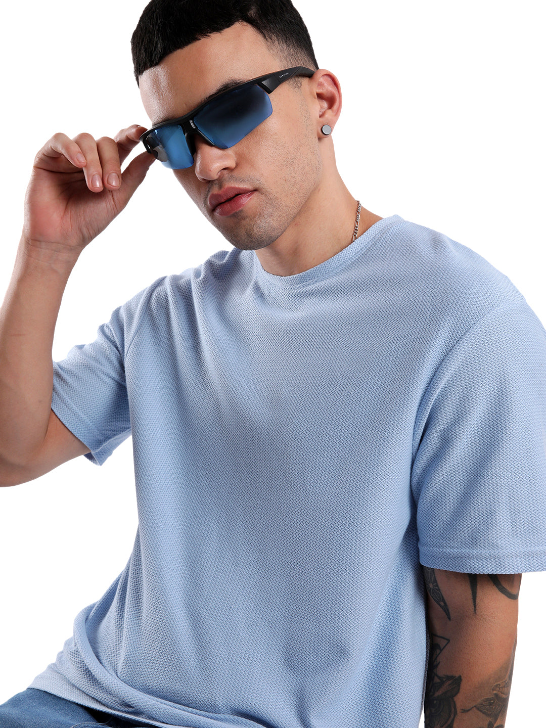 Light Blue Textured Crew Neck T-Shirt