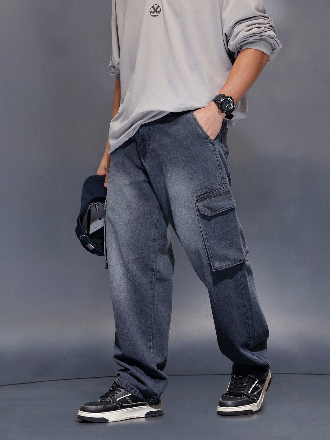 Charcoal loose Fit Cargo Denim | Grey