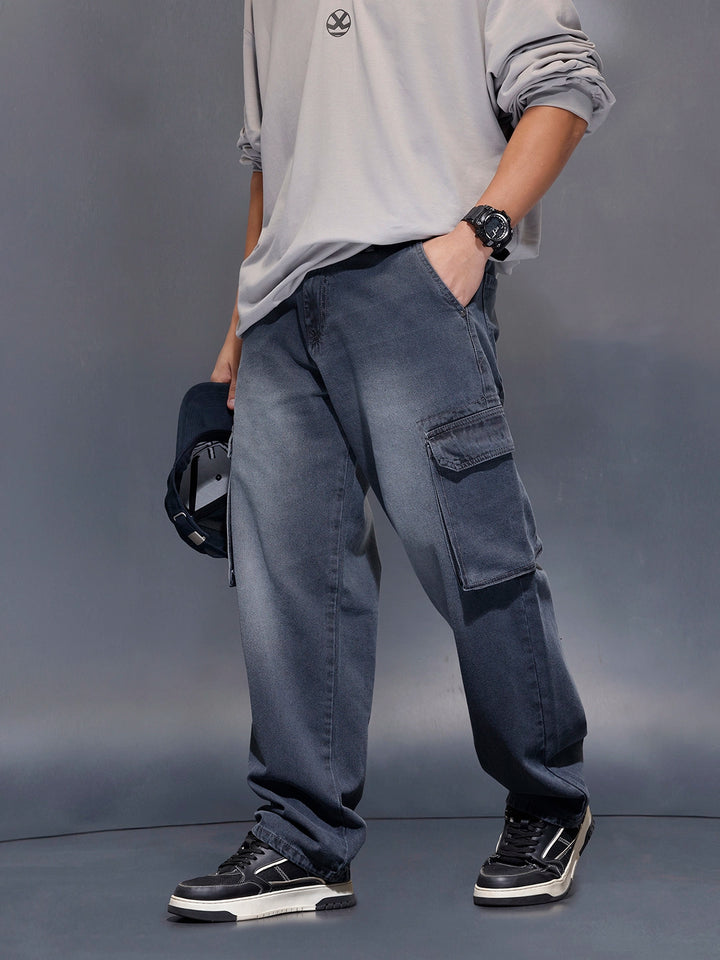 Charcoal loose Fit Cargo Denim | Grey