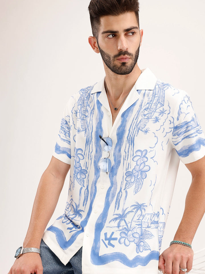 Slim Fit Printed Resort Collar Shirt | White