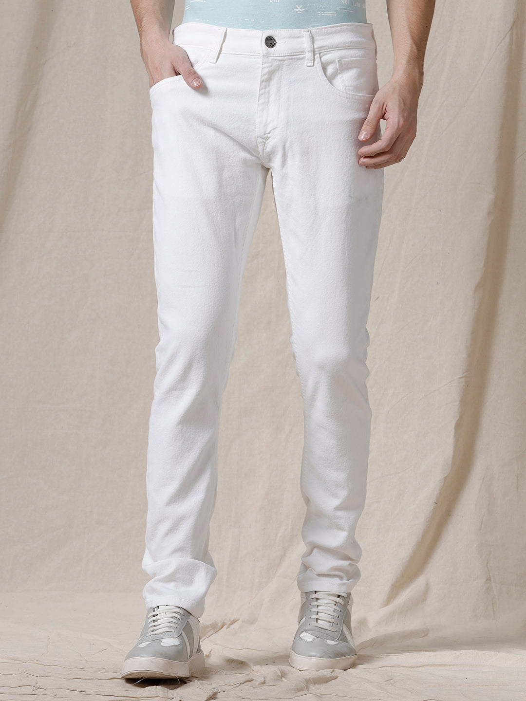 Solid White Tapered Jeans