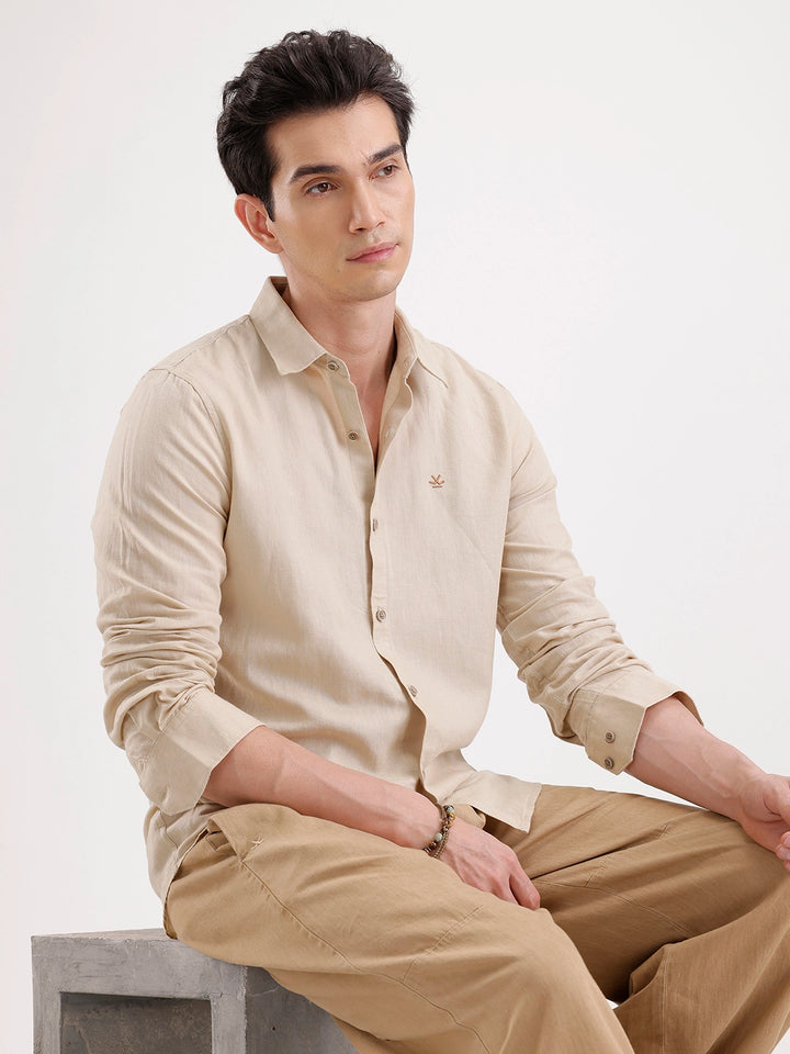 Solid Slim Fit Linen Blend Shirt  | Khaki