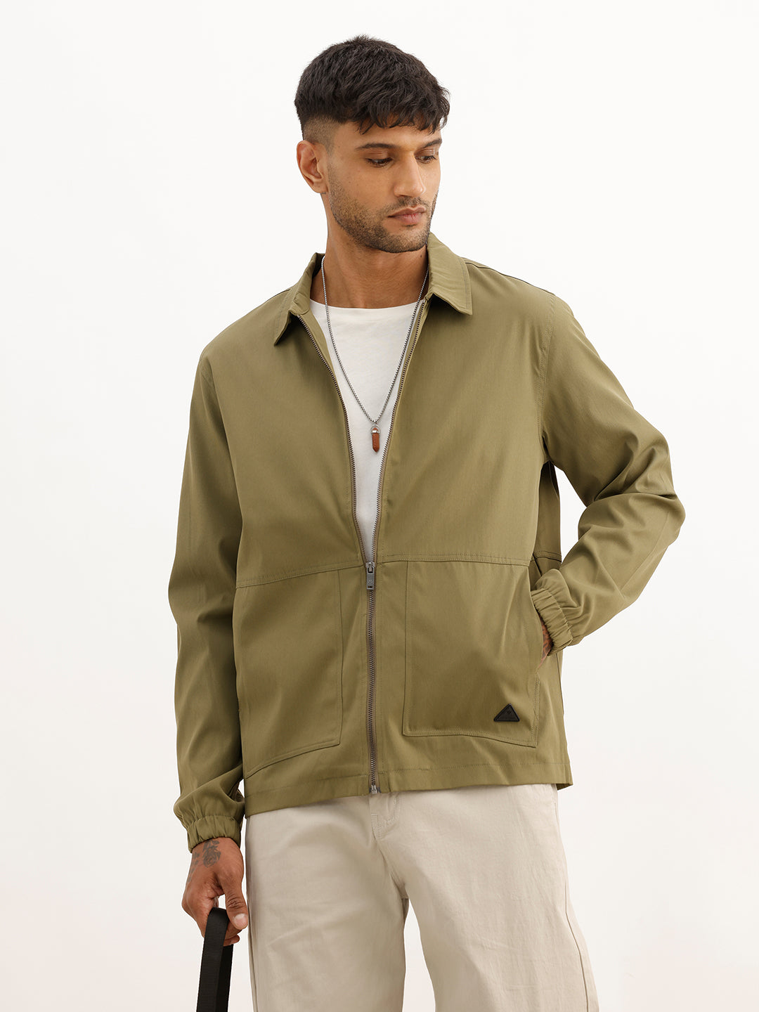 Solid Regular Fit Zipper Jacket | Olive