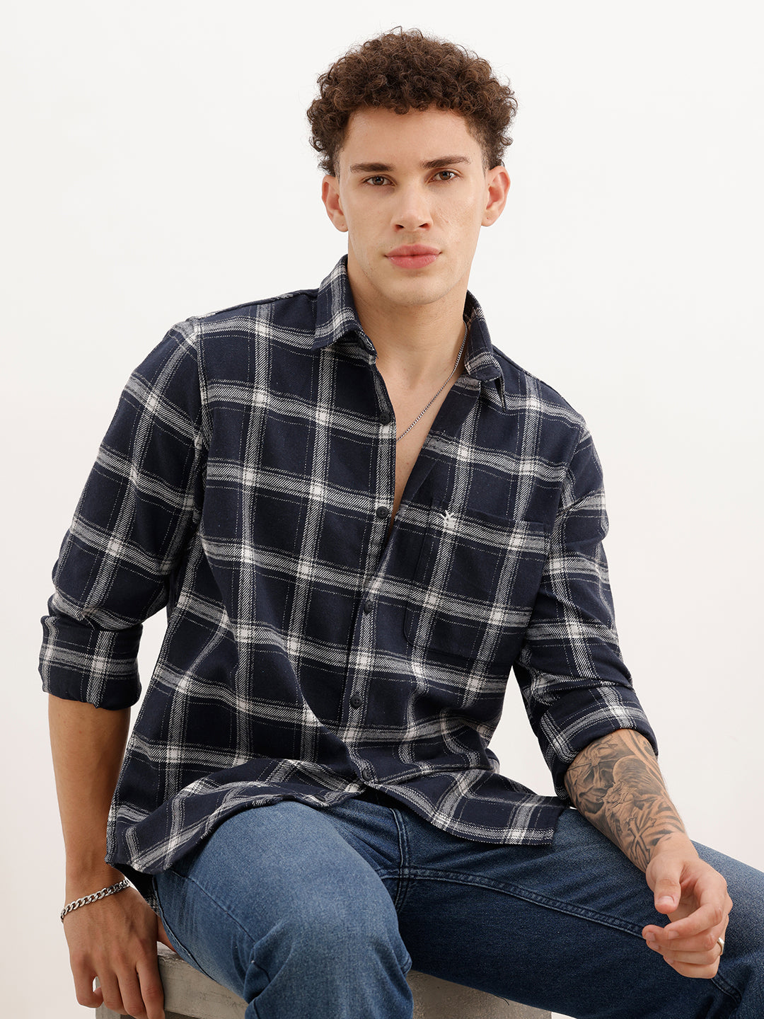 Slim Fit Full Sleeve Checkered Shirt | Navy Blue | WSH02FSSL0326S