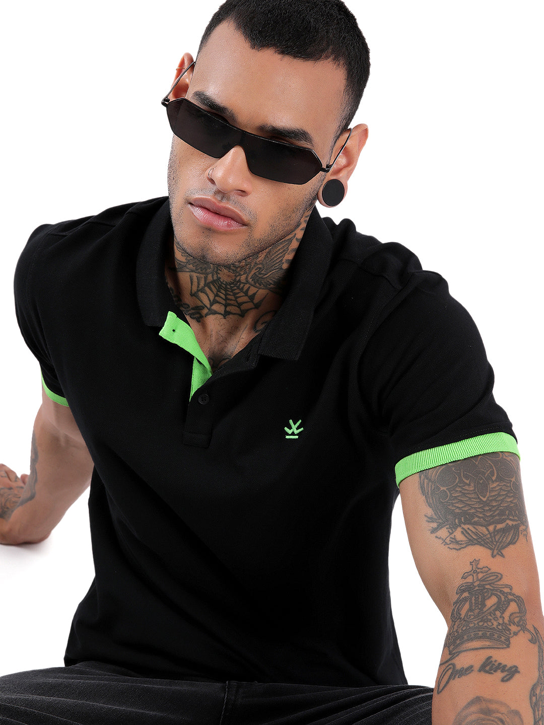 Solid Black Contrast Sleeve Polo