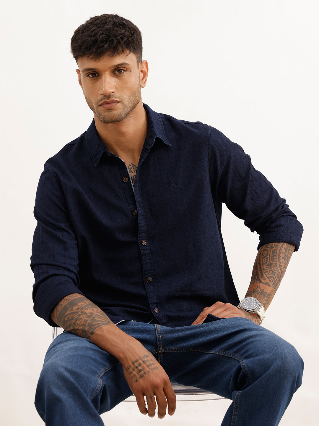 Textured Slim Fit Full Sleeve T-Shirt | Navy Blue