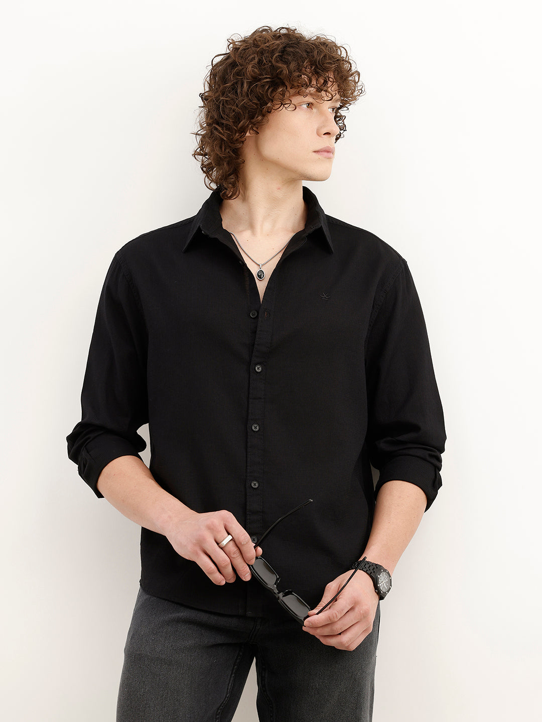 Solid Comfort Fit Textured Shirt | Black