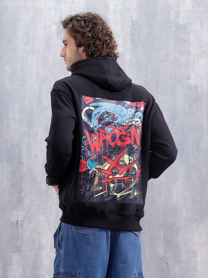 Graffiti Patch Oversized Brushed Fleece Hoodie | Black