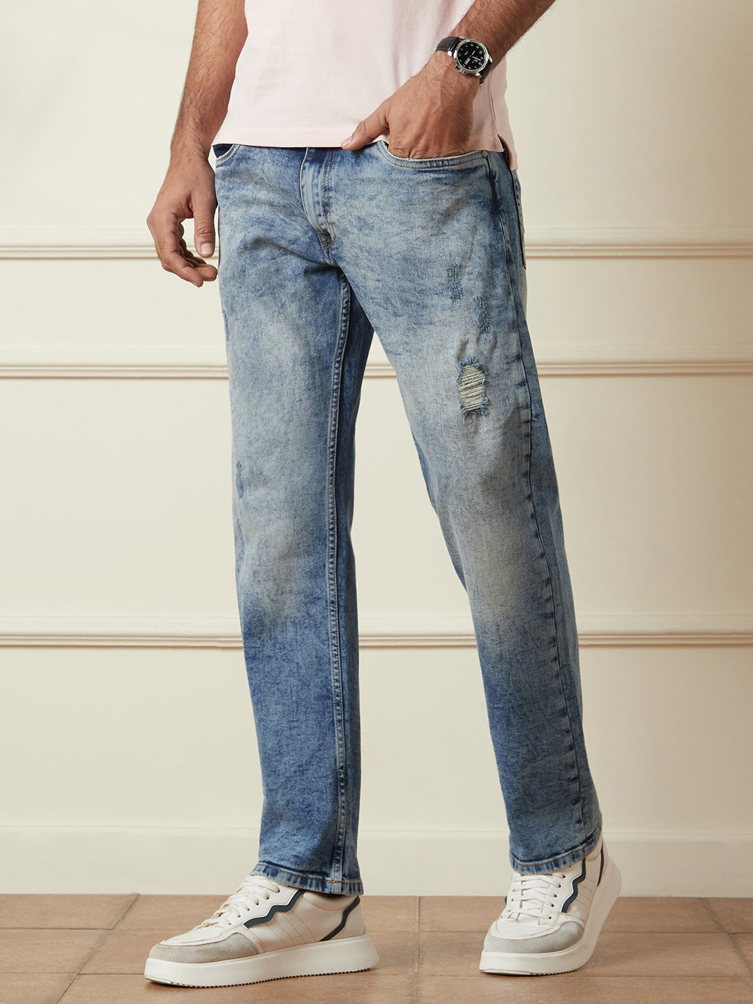 Distressed Blue Washed Slim Tapered Jeans