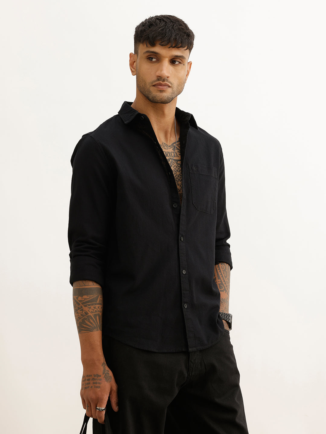 Regular Fit Textured Full Sleeve Shirt | Black