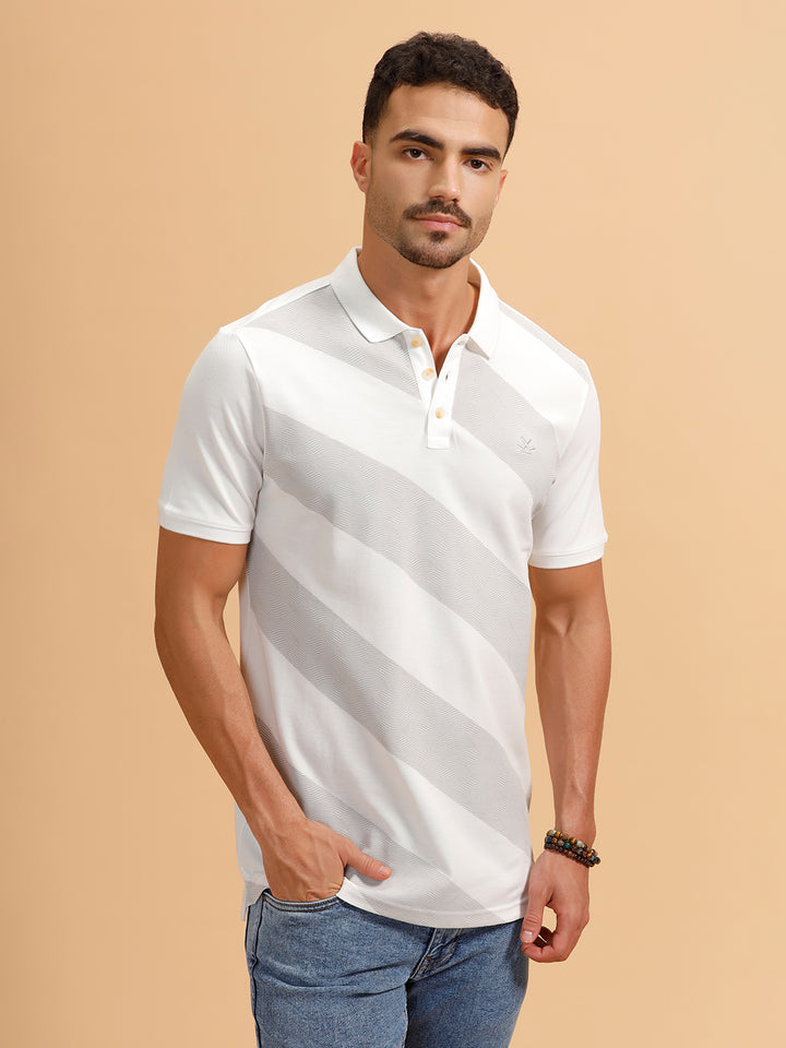 Angular Stripes Slim Fit Polo T-Shirt | White