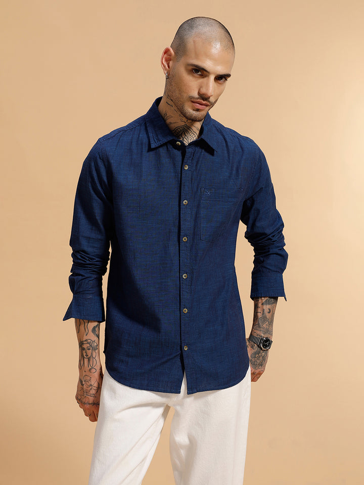 Slub Textured Cotton Shirt | Dark Blue