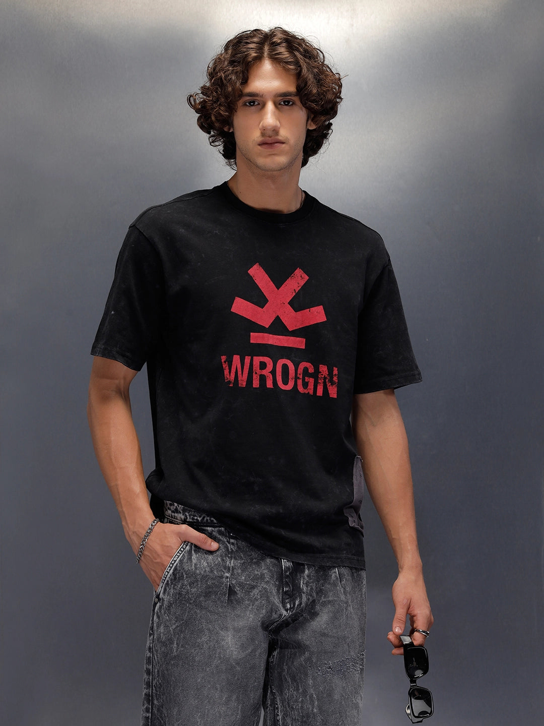 Acid Wash Crew Neck Tee With Chest Logo & Patch Graphic | Black
