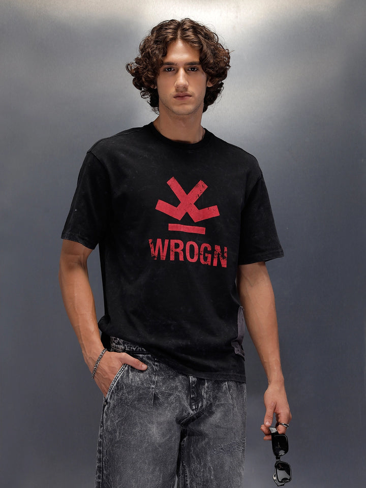 Acid Wash Crew Neck Tee With Chest Logo & Patch Graphic | Black