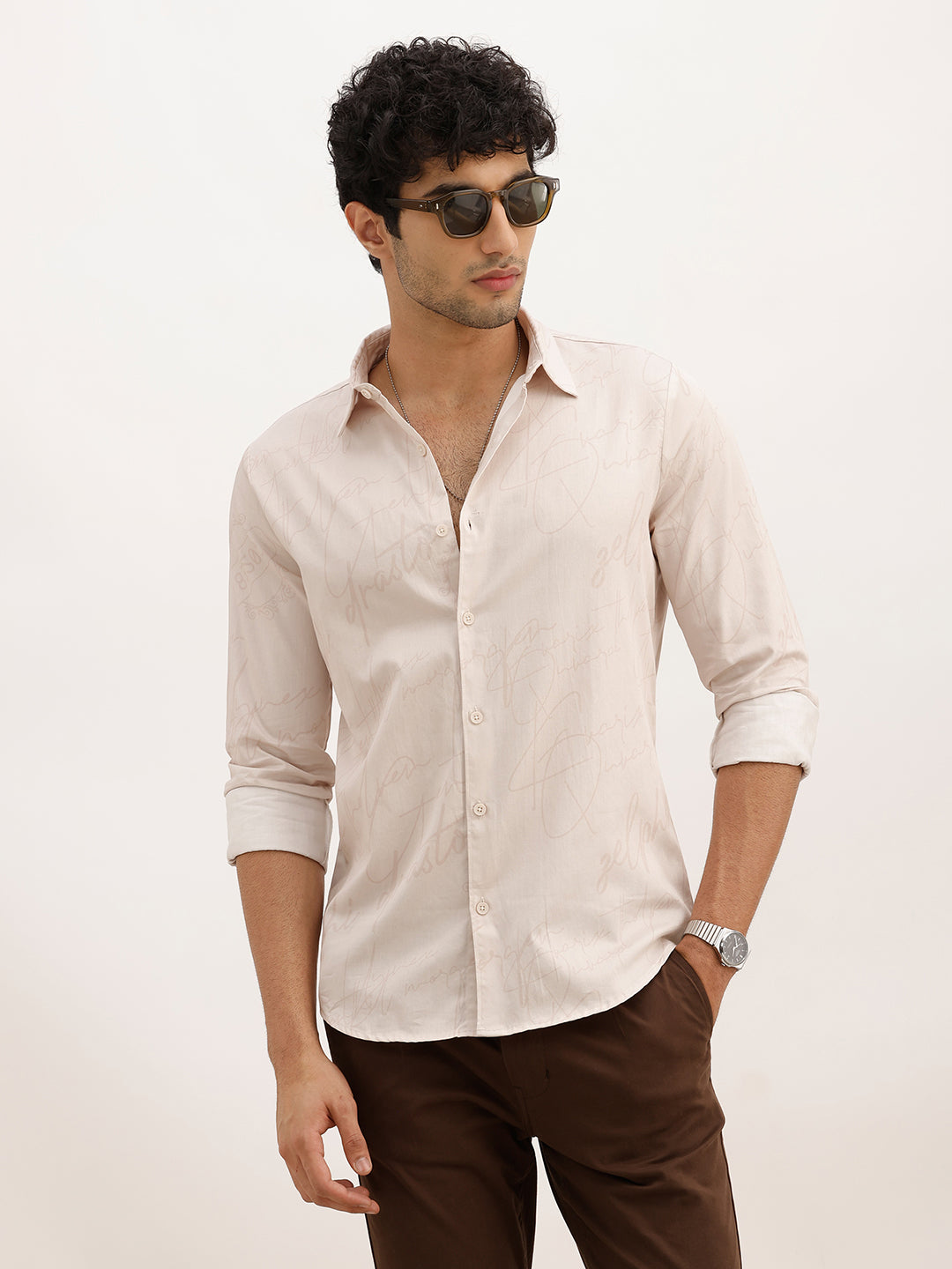 Classic Slim Fit AOP Shirt | Beige