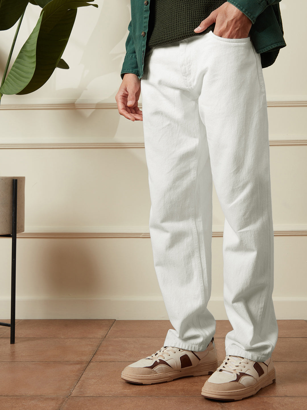 Solid White Twill Denim Jeans