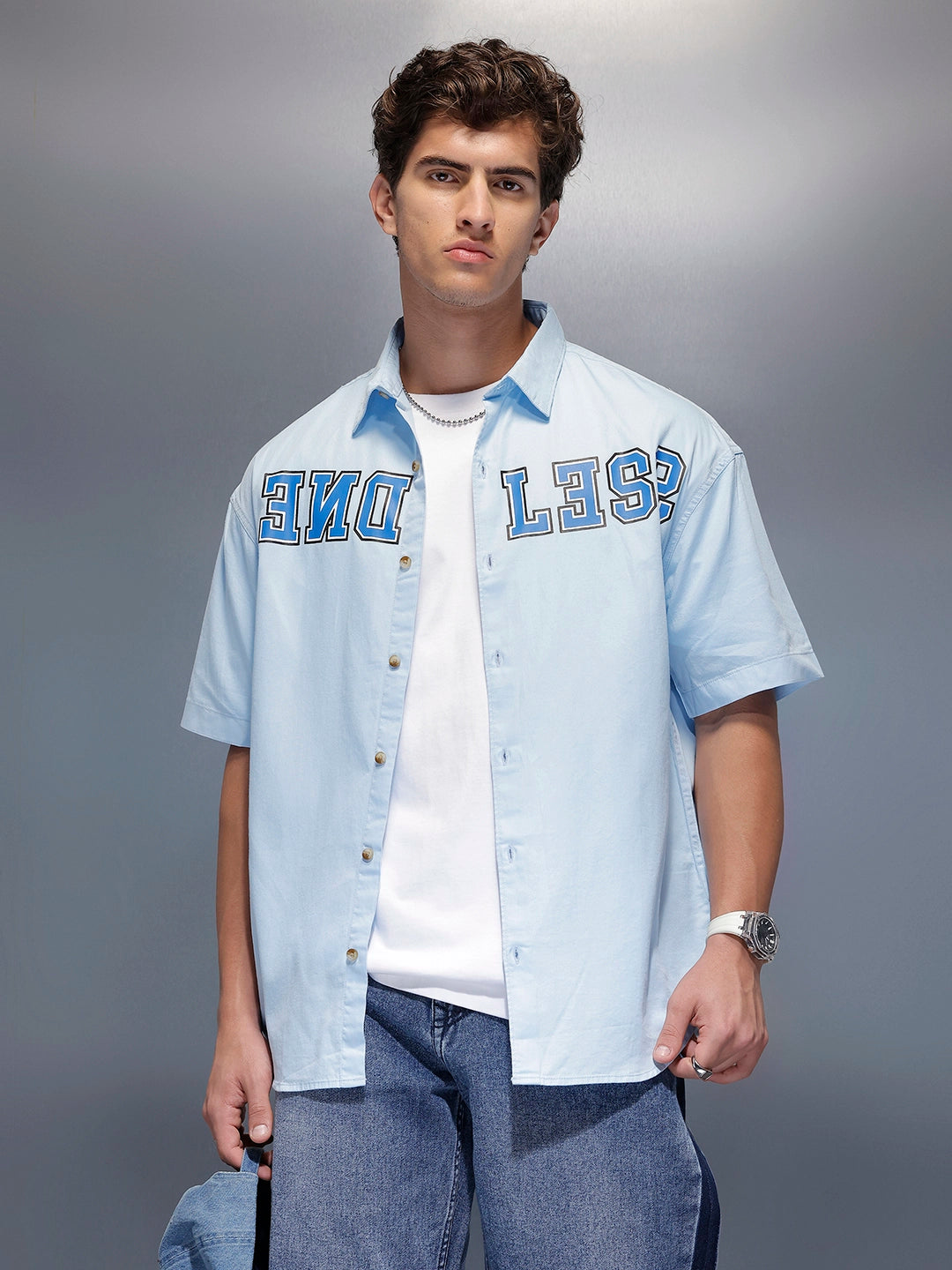 Placement Printed Oversized Shirt   |  Blue