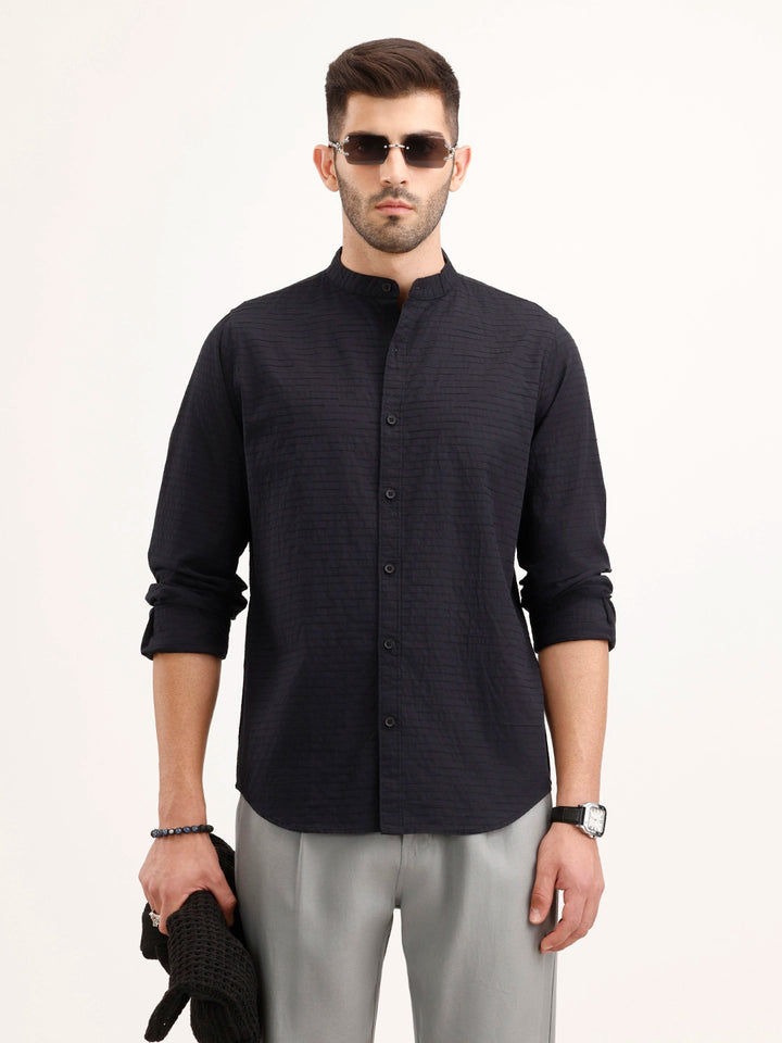 Regular Fit Mandarin Collar Textured Shirt | Black