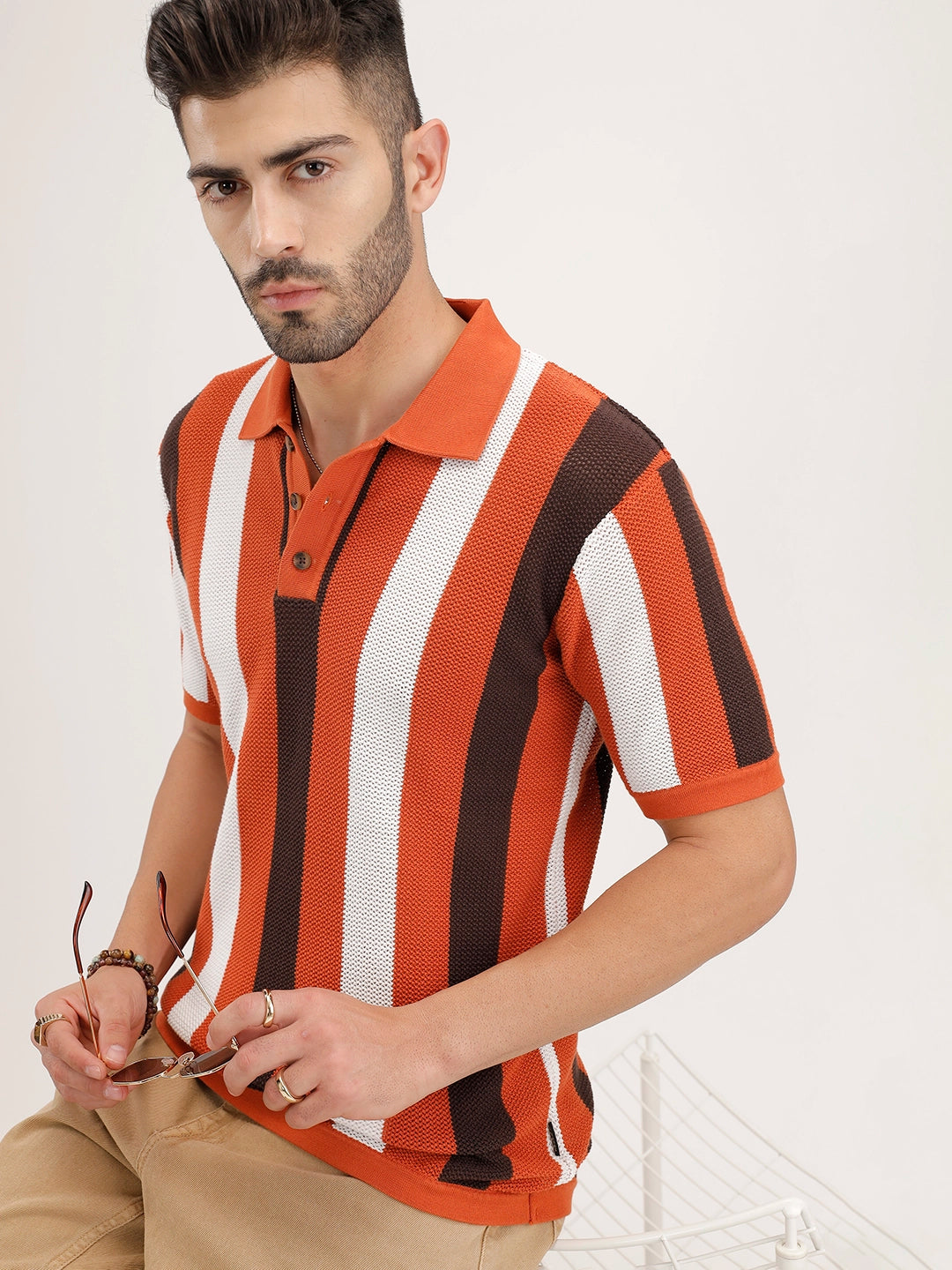 Slim Fit Striped Flat Knit Polo T-Shirt | Rust