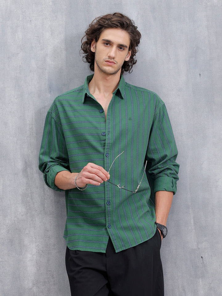 Asymmetrical Striped Oversized Shirt For Men | Dark Green