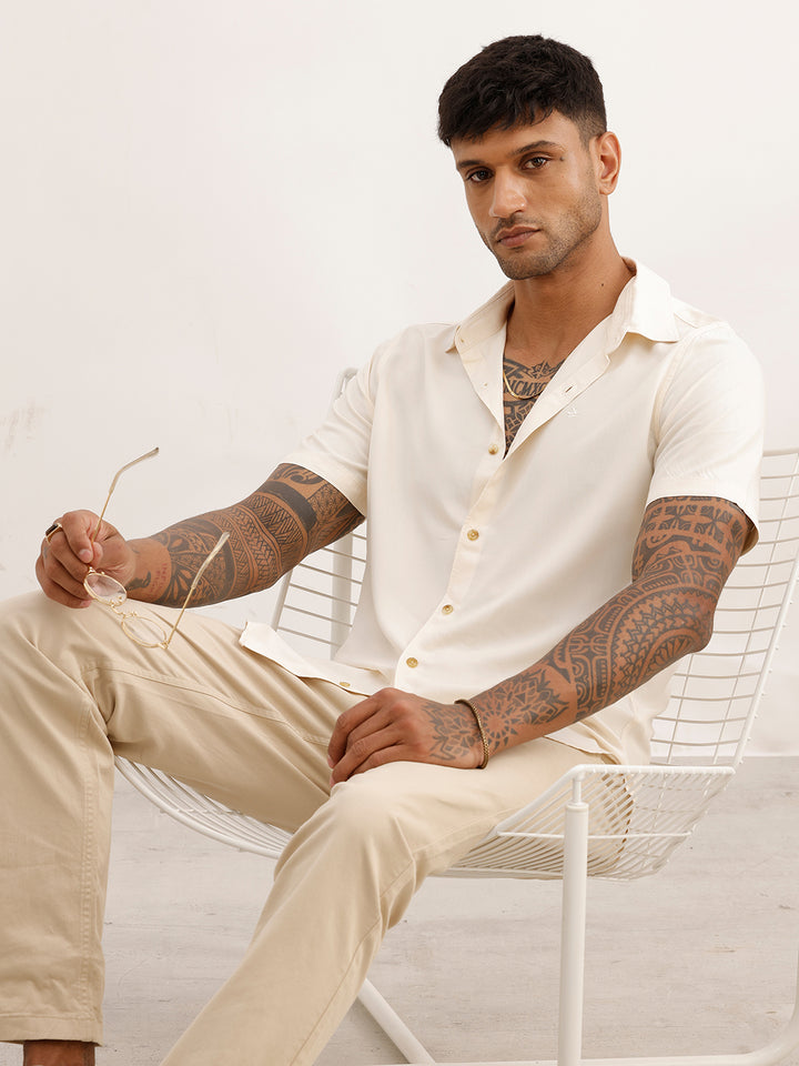 Solid Slim Fit Half Sleeves Shirt | Beige