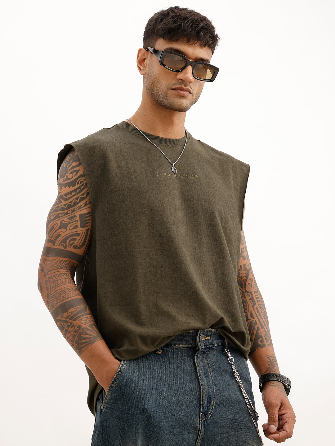 Oversized Cut Off Sleeve T-Shirt | Olive