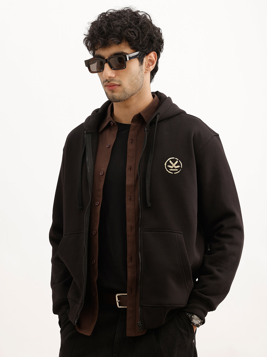 Classic Foil Printed Hooded Sweatshirt | Black