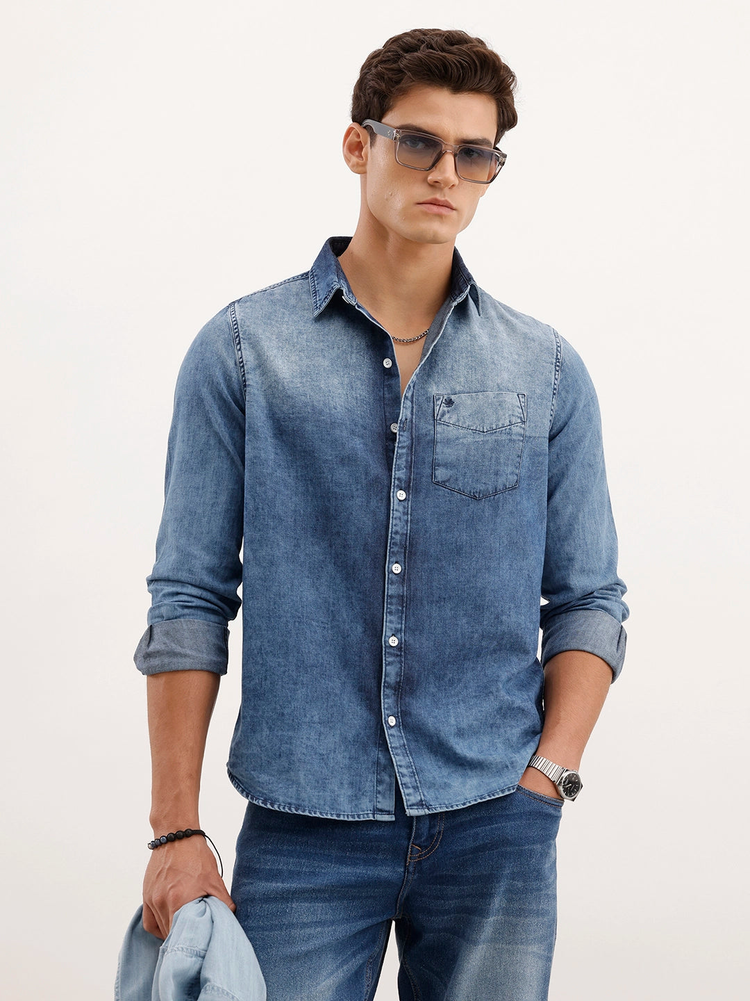 Slim Fit Faded Denim Shirt | Light Blue