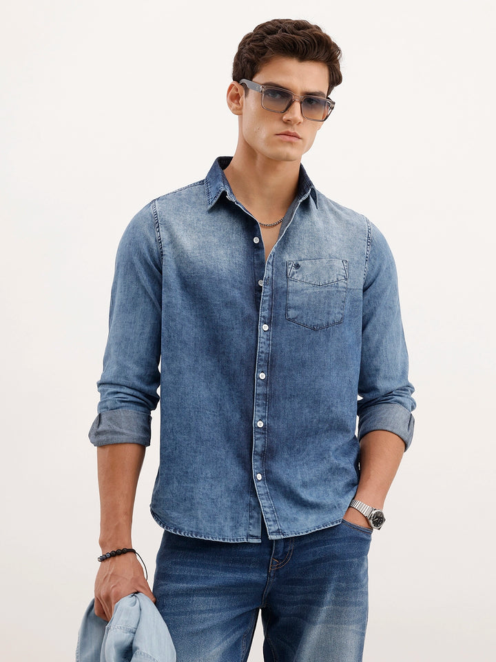 Slim Fit Faded Denim Shirt | Light Blue