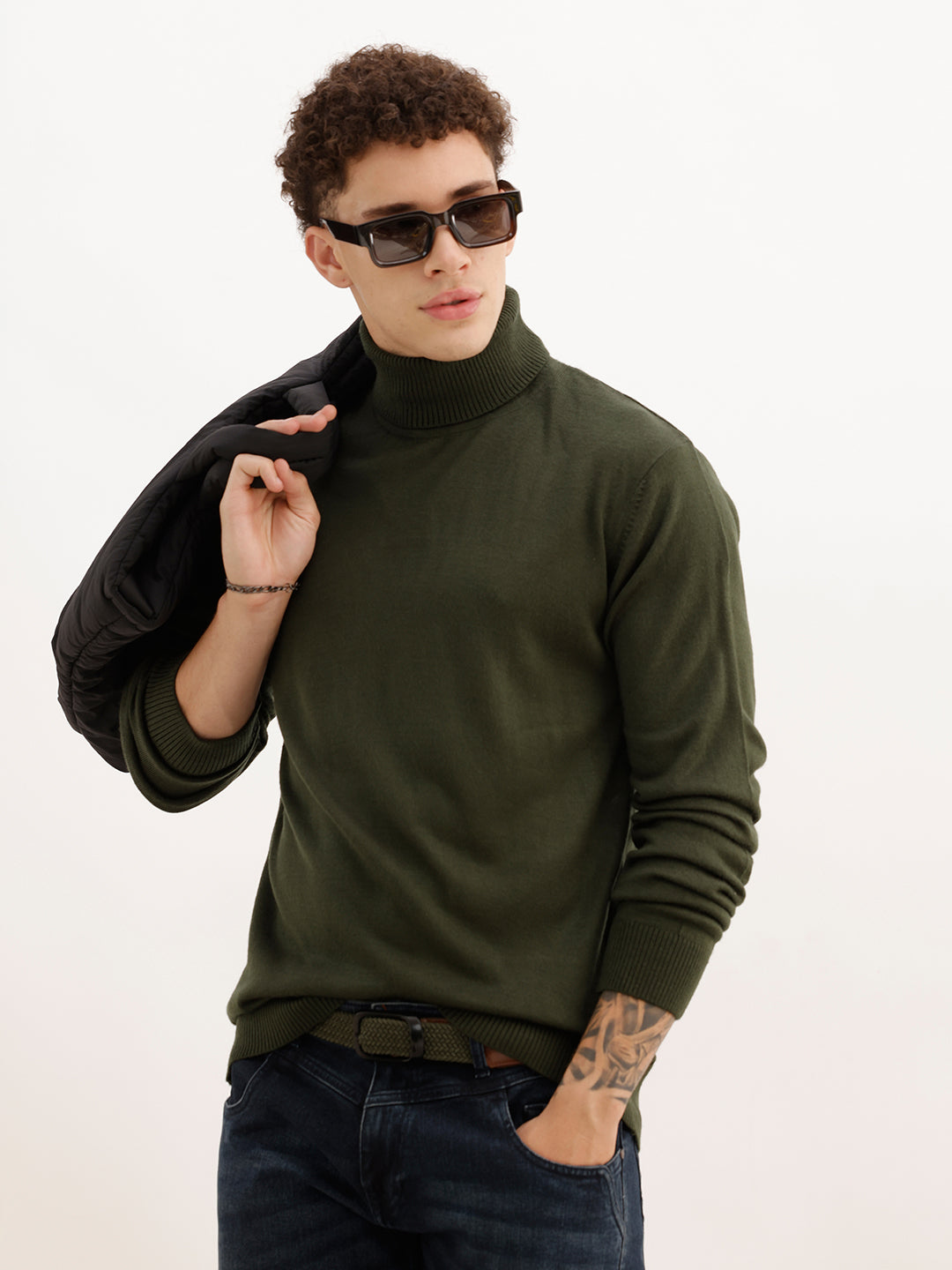 Solid Regular Fit Turtle Neck Sweater | Olive | WSW02FSRE1063W