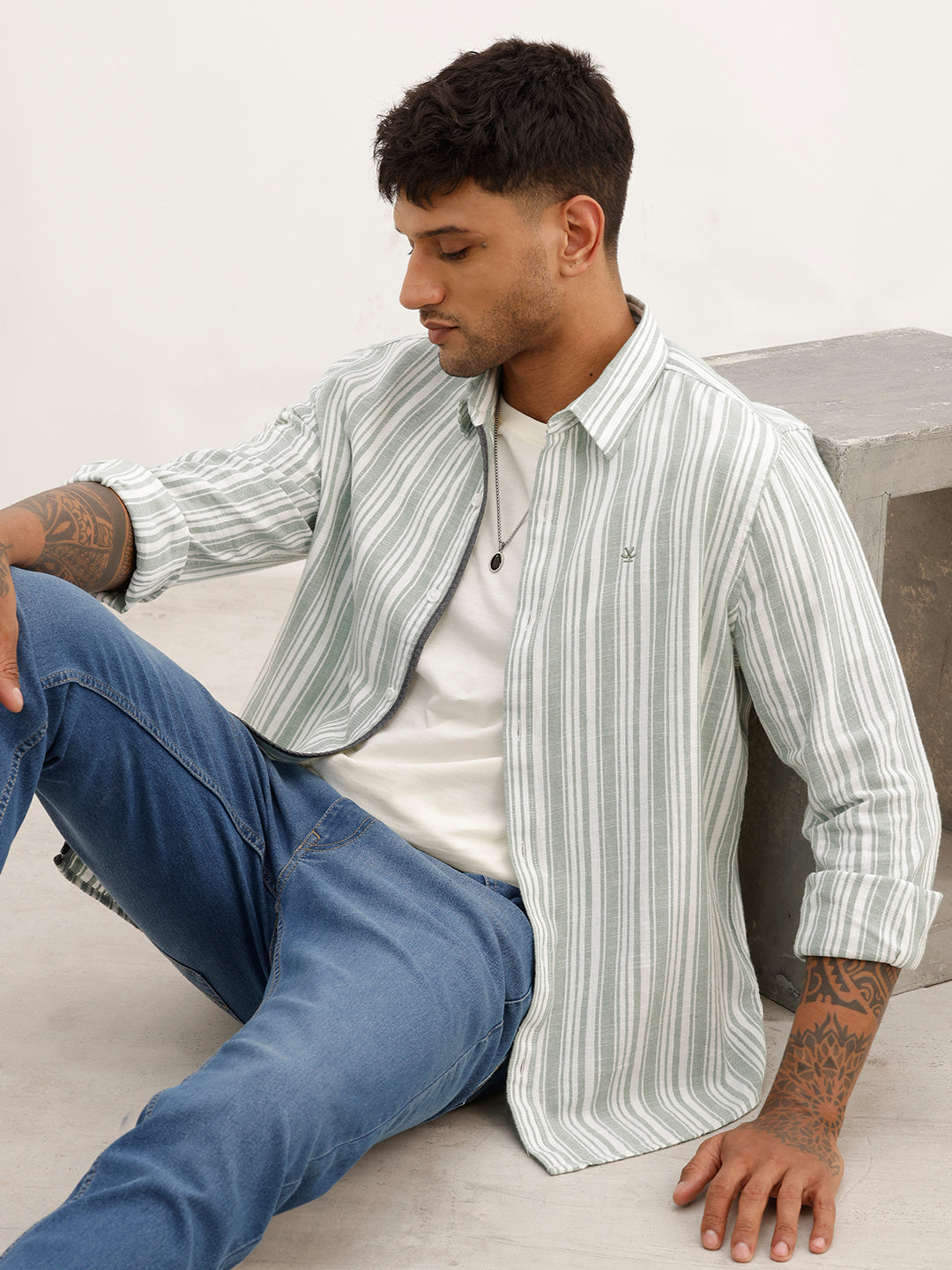 Slim Fit Striped Full Sleeve Shirt | Light Green | WSH02FSSL0224S