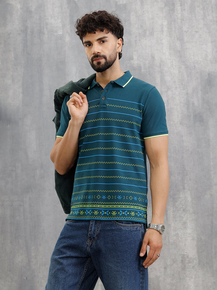 Embroidered Look Engineered Aop Polo T-Shirt  | Teal