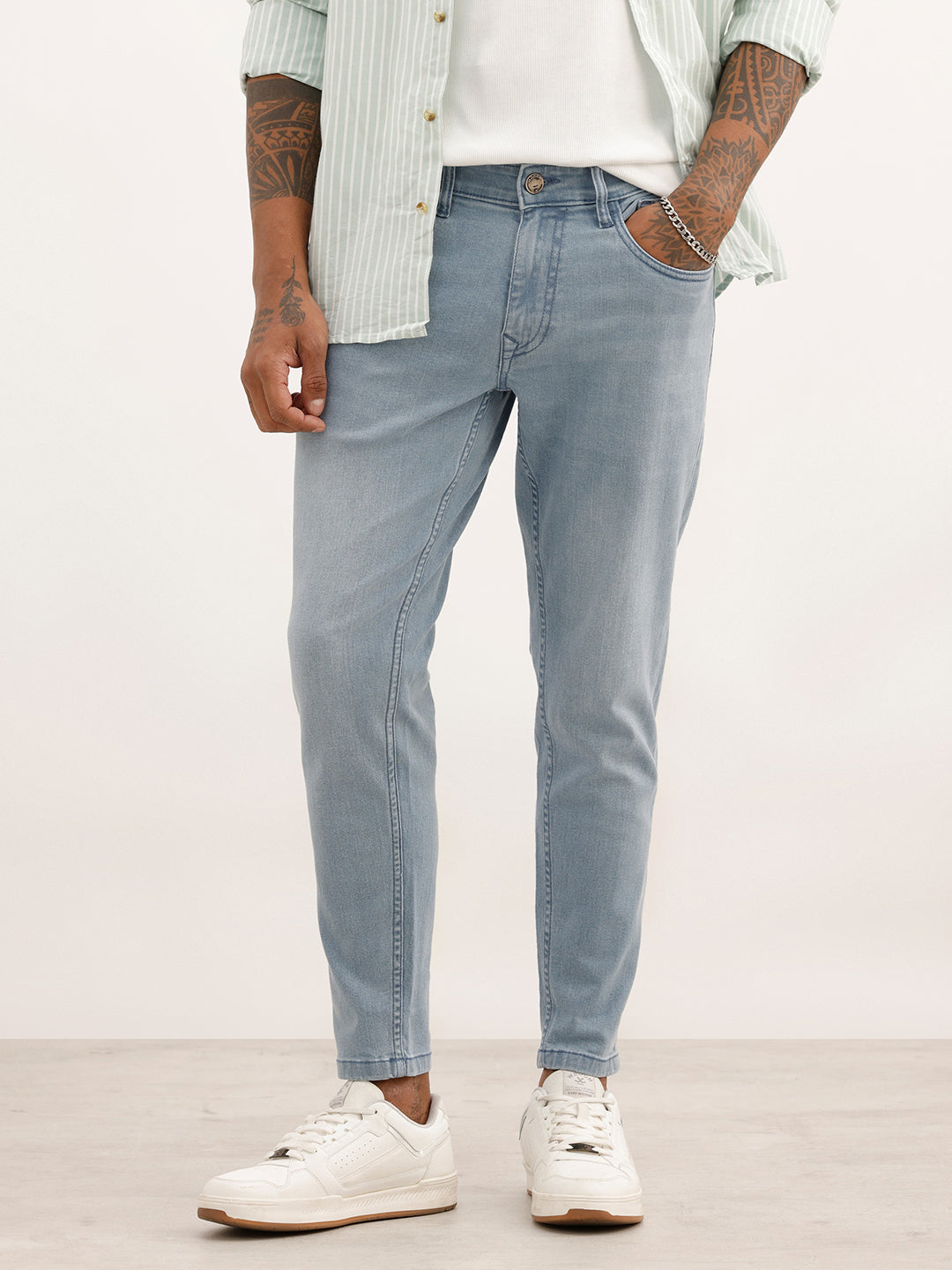 Solid Skinny Crop Fit Denim Jeans | Light Blue