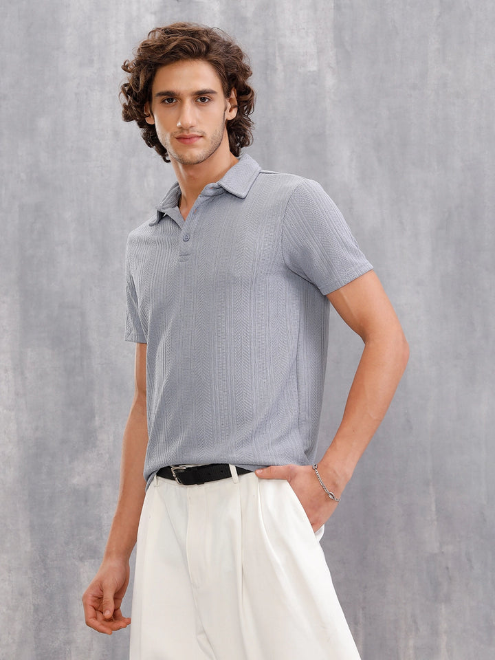 Jacquard Textured Knit Polo In Slim Fit  |  Grey