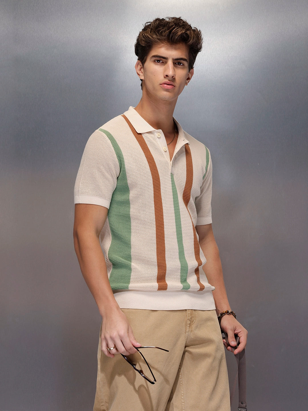 Retro Pastel Vertical Stripe Polo | Beige