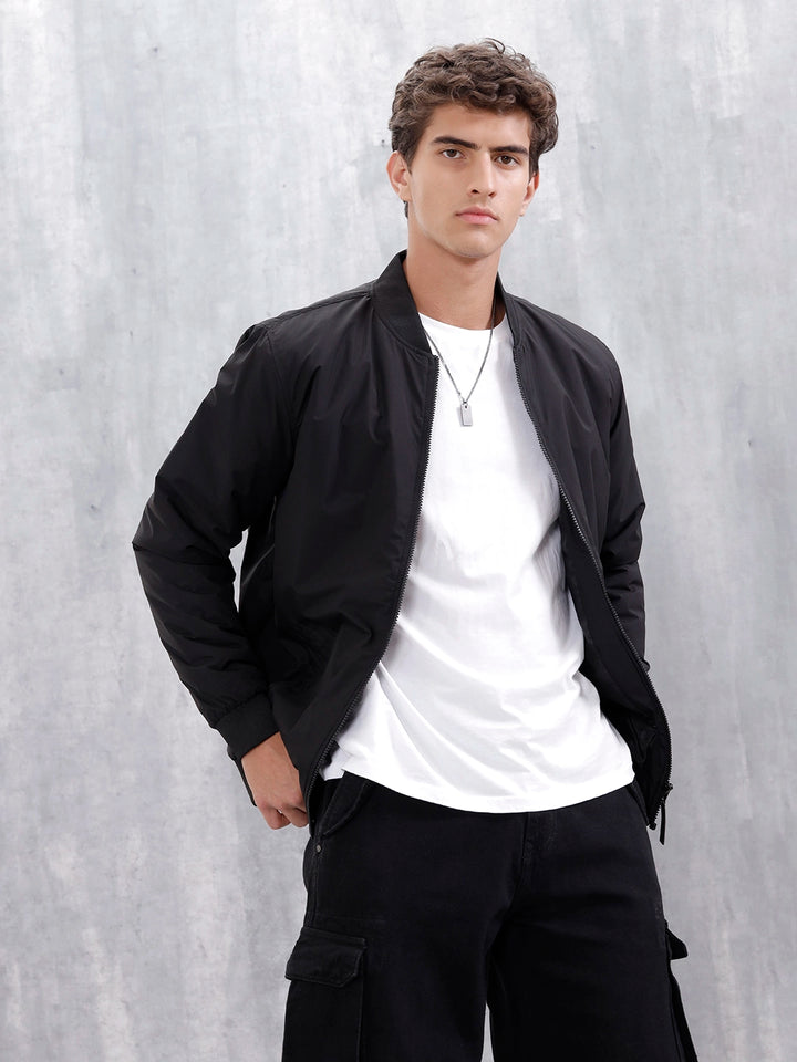 Men's Casual Solid Bomber Jacket | Black