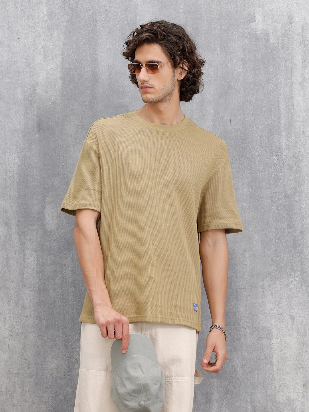 Textured Oversized Crew Neck T-Shirt | Khaki