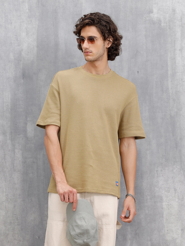 Textured Oversized Crew Neck T-Shirt | Beige