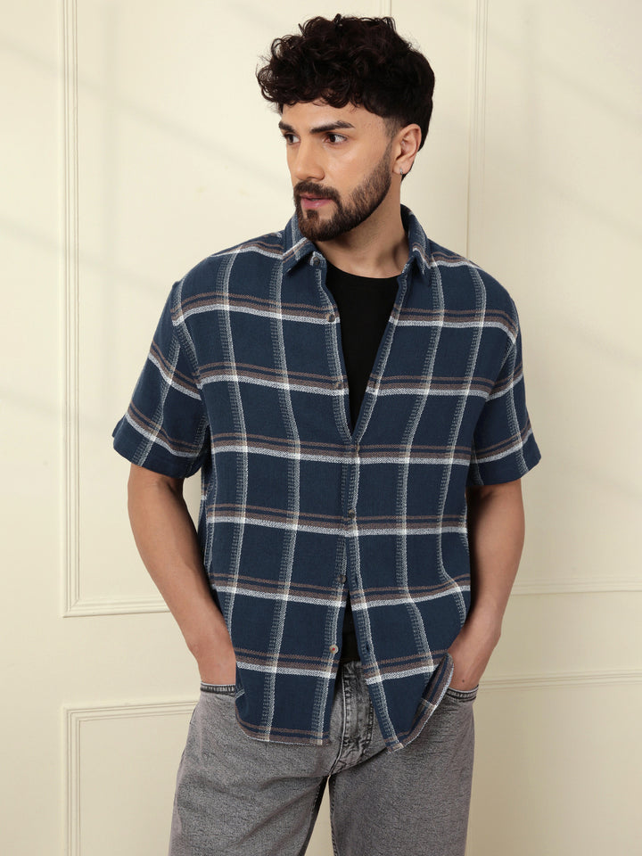 Checked Short Sleeve Textured Shirt | Navy Blue