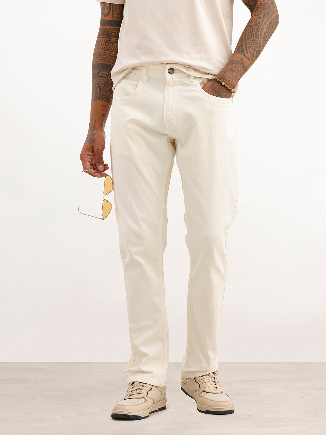 Solid Relaxed Fit Denim Jeans | Beige