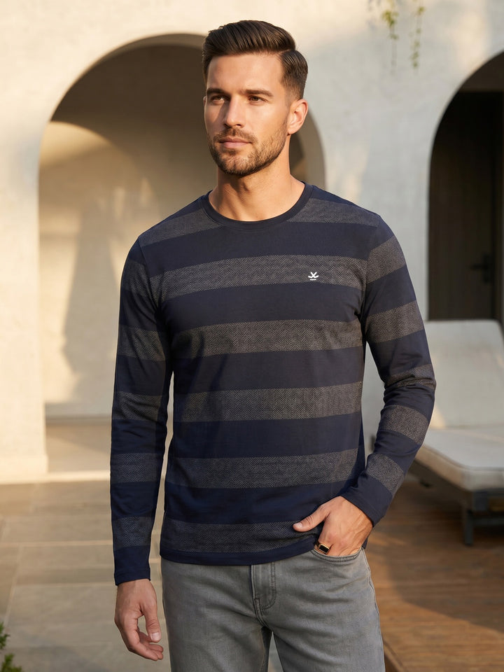 Slim Fit Printed Striped T-Shirt | Navy Blue